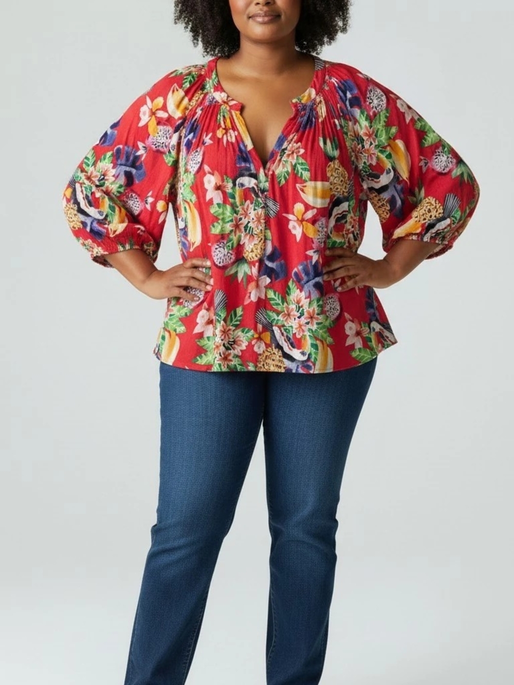 Crown & Ivy Plus Size Red Floral Peasant Tunic Top